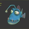 Cartoon Blue Fish With Glowing Lure Big Eyes Red Fin Sharp Teeth And Pink Fins