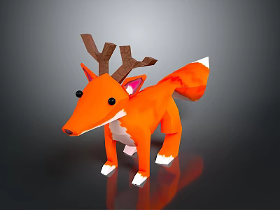 Cute Origami Fox Character With Orange Fur Brown Antlers And White Paws 3d model