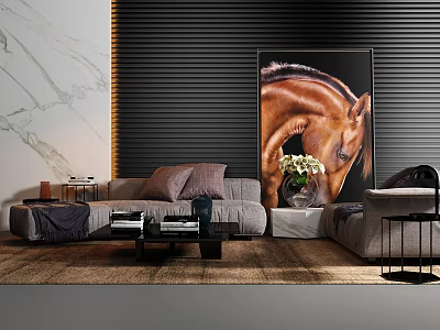 Modern Gray Sofa Coffee Table Set With Decorative Pillows Rug Horse Wall Art Flower Vase 3d model