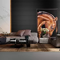 Modern Gray Sofa Coffee Table Set With Decorative Pillows Rug Horse Wall Art Flower Vase