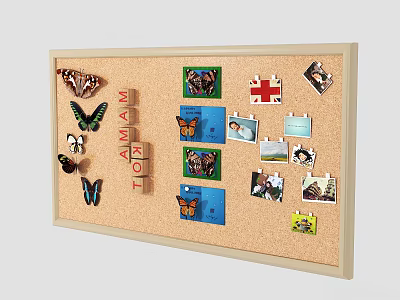 Corkboard Photo Wall With Butterfly Decorations Letter Magnets And Various 3d model