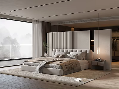 Modern Bedroom Interior Design With Large Glass Window Plush Bed Wooden Floor And Soft Rug 3d model