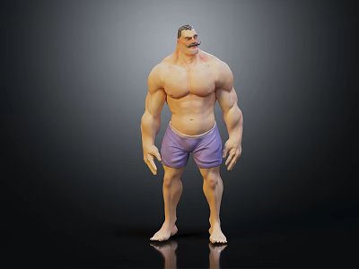 Muscular Male Character 3D Model in Purple Shorts Standing Pose Front View Dark Background 3d model