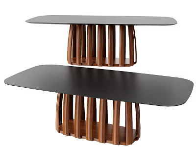 Modern Minimalist Dining Tables With Black Tabletop And Wooden Curved Slatted Legs Design 3d model