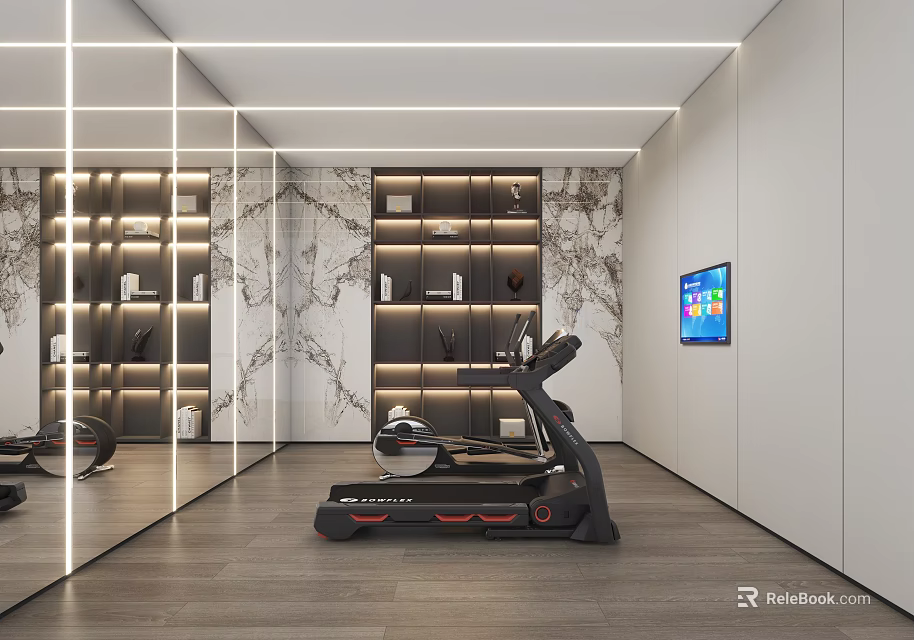 Modern Entertainment Room With Mirrored Walls Marble Accent Wall Treadmill TV And Display Shelves 3d model 