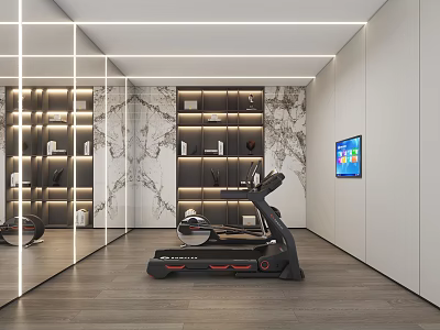 Modern Entertainment Room With Mirrored Walls Marble Accent Wall Treadmill TV And Display Shelves 3d model