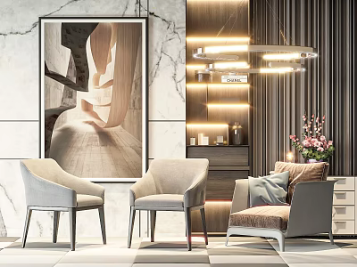 Modern Light Grey Accent Chairs With Cushioned Armchair Marble Wall Art Pendant Light Luxury Decor 3d model