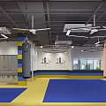 Indoor Martial Arts Training Space With Blue Yellow Mats And Geometric Pendant Lights