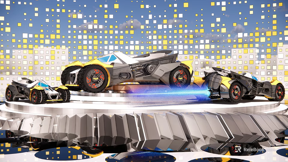 Futuristic Weapon Integrated Vehicles With Blue Jet Flames Yellow White Square Walls And Sky Background 3d model 