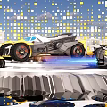 Futuristic Weapon Integrated Vehicles With Blue Jet Flames Yellow White Square Walls And Sky Background