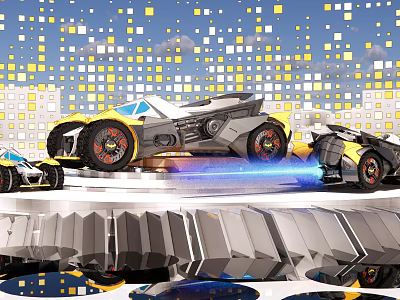 Futuristic Weapon Integrated Vehicles With Blue Jet Flames Yellow White Square Walls And Sky Background 3d model