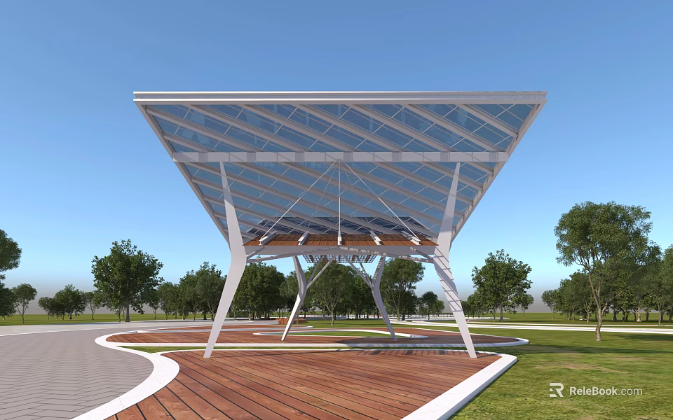 Modern Pergola With Glass Roof Metal Frame And Wooden Deck In Outdoor Park With Trees 3d model 
