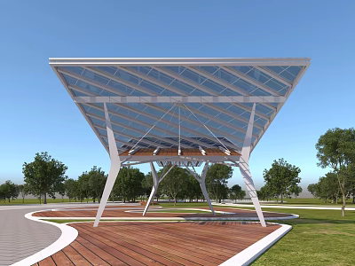 Modern Pergola With Glass Roof Metal Frame And Wooden Deck In Outdoor Park With Trees 3d model