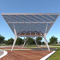 Modern Pergola With Glass Roof Metal Frame And Wooden Deck In Outdoor Park With Trees