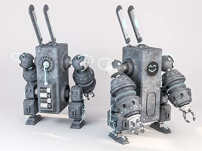 Detailed Vintage Mechanical Robots With Industrial Design Metal Gears And Antennas 3d model