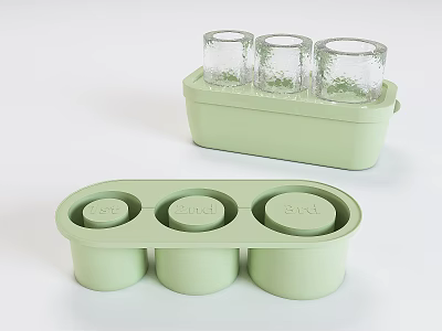 Green Ice Cube Tray With Three Compartments Labeled 1st 2nd 3rd And Container With Glasses 3d model