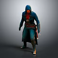 Hooded Game Character In Blue Coat With Red Scarf Holding Sword Standing Pose 3d model