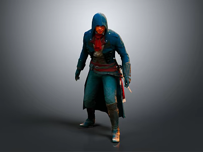 Hooded Game Character In Blue Coat With Red Scarf Holding Sword Standing Pose 3d model