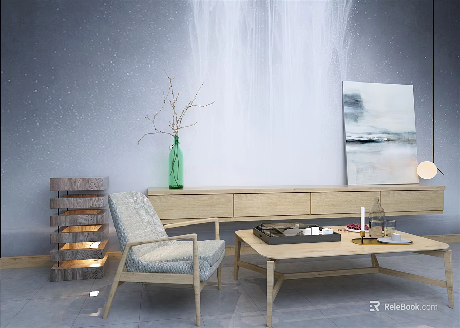 Modern Light Wood TV Stand With Green Vase Decorative Painting And Coffee Table 3d model 