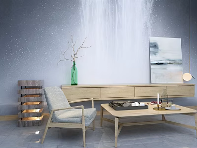 Modern Light Wood TV Stand With Green Vase Decorative Painting And Coffee Table 3d model