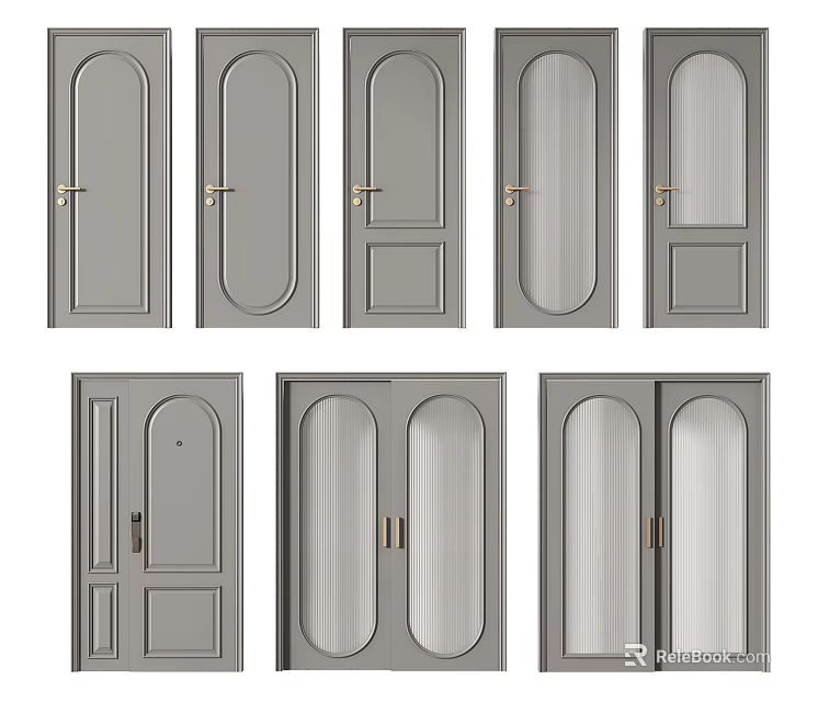 Stylish Gray Swing Doors With Various Designs And Glass Panel Options 3d model
