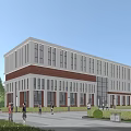 Modern Multi Storey Industrial Factory Building With Brick Glass Facade Landscaped Surroundings And Pedestrians Vehicles