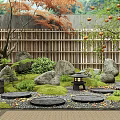 Japanese Zen Garden Design With Bamboo Fence Red Maple Tree Stone Lantern And Moss