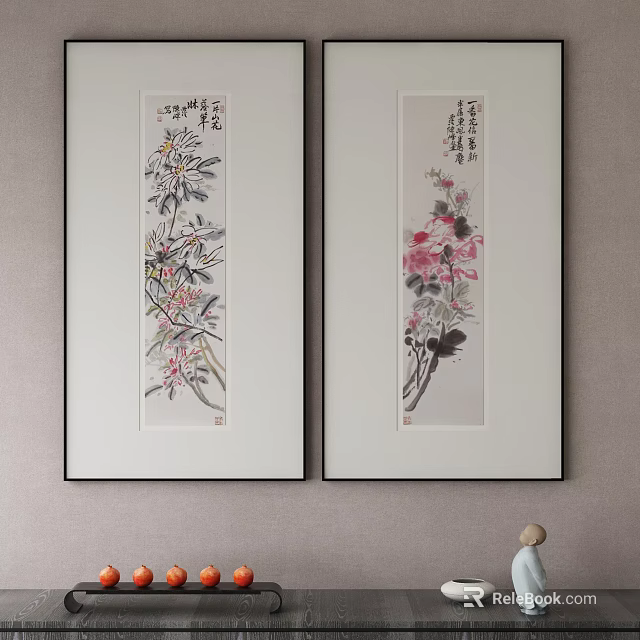 Abstract Painting Wall Art Framed Black Border White Mat On Light Colored Wall Home Decor 3d model 