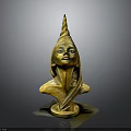 Golden Female Bust Sculpture With Unique Conical Headdress And Elegant Features