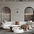 Modern Living Room Interior With White Sofa Large Wall Clock Arch Design And Patterned Carpet 3d model
