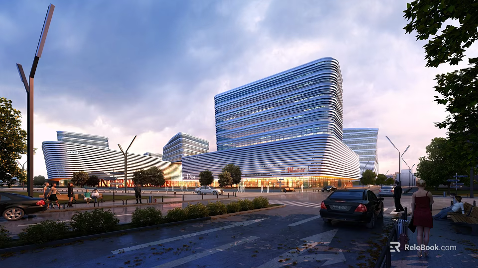 Modern Office Building With Glass Facade Along Street Under Evening Sky And Surrounding Buildings 3d model 