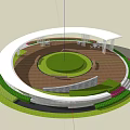 Circular Pergola with Pink Flowering Trees Central Large Tree and Wooden Flooring on Green Lawn
