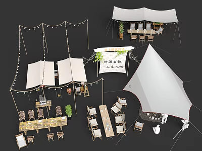 Outdoor Furniture Setup With Tents String Lights Tables Chairs And Plants 3d model
