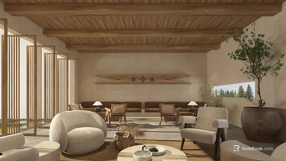 Natural Minimalist Lounge Interior Design With Wooden Ceiling Sofa Chairs Shelf And Plants 3d model 