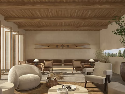 Natural Minimalist Lounge Interior Design With Wooden Ceiling Sofa Chairs Shelf And Plants 3d model