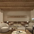 Natural Minimalist Lounge Interior Design With Wooden Ceiling Sofa Chairs Shelf And Plants