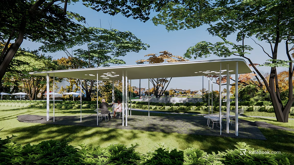Garden Landscape With White Canopy Structure Green Lawn And Lush Trees Outdoor Tables And Chairs 3d model 