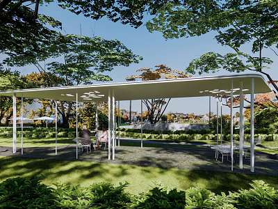 Garden Landscape With White Canopy Structure Green Lawn And Lush Trees Outdoor Tables And Chairs 3d model