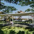 Garden Landscape With White Canopy Structure Green Lawn And Lush Trees Outdoor Tables And Chairs