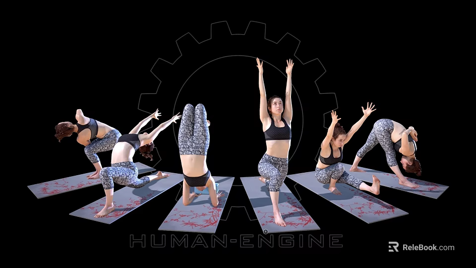 Women Practicing Yoga on Mats with Gear Design Human Engine Theme 3d model 