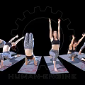 Women Practicing Yoga on Mats with Gear Design Human Engine Theme