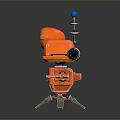 Orange Robot Figure With Large Round Eyes Blue Light Antenna Extended Arms And Metal Legs