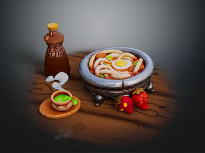 Udon Noodles Bowl With Egg Vegetables Soy Sauce Bottle Green Tea Cup And Strawberries 3d model