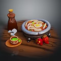 Udon Noodles Bowl With Egg Vegetables Soy Sauce Bottle Green Tea Cup And Strawberries