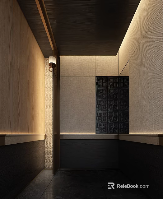 Modern Minimalist Hallway With Wooden Walls Lighting And Black Decorative Wall 3d model 