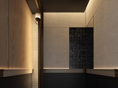 Modern Minimalist Hallway With Wooden Walls Lighting And Black Decorative Wall 3d model