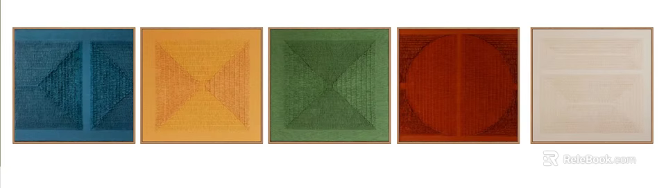 Three Yellow Green Red Square Abstract Paintings With Geometric Line Patterns 3d model