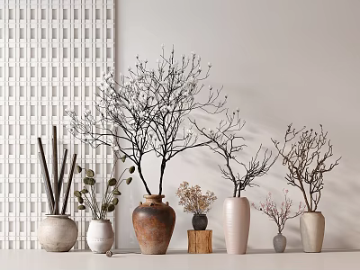 Ceramic Vases With Branches And Dried Flowers Against White Lattice Wall Stylish Home Decor 3d model