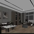 Modern Office Interior With Sofa Coffee Table Bookshelf Desk Computer And Window On Wooden Floor