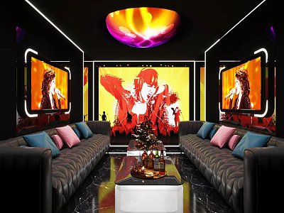Stylish KTV Interior Design With Leather Sofa Large Screens And Colorful Lighting 3d model